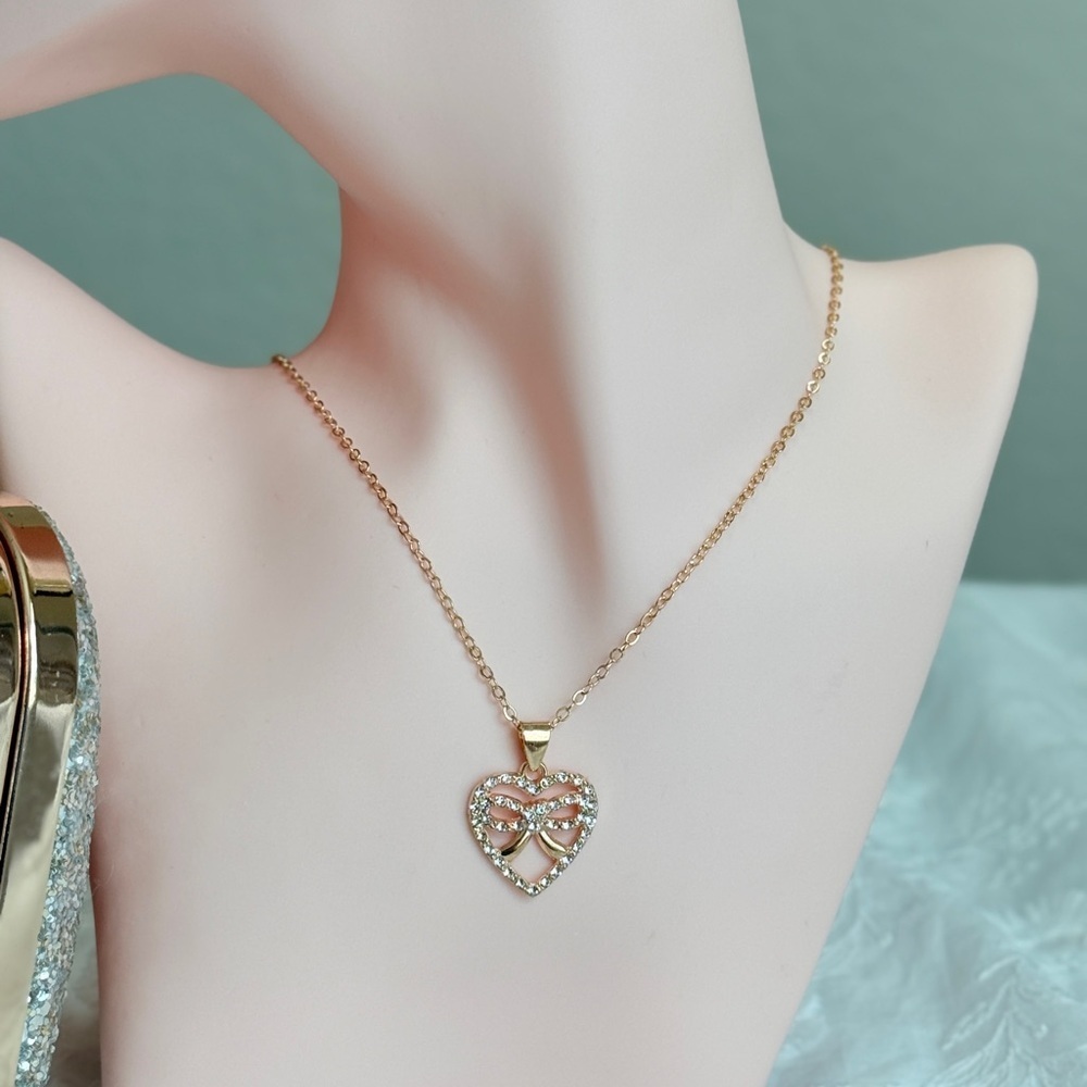 Gold Heart Pendant Necklace with Crystal Accents - Picture 7 of 7